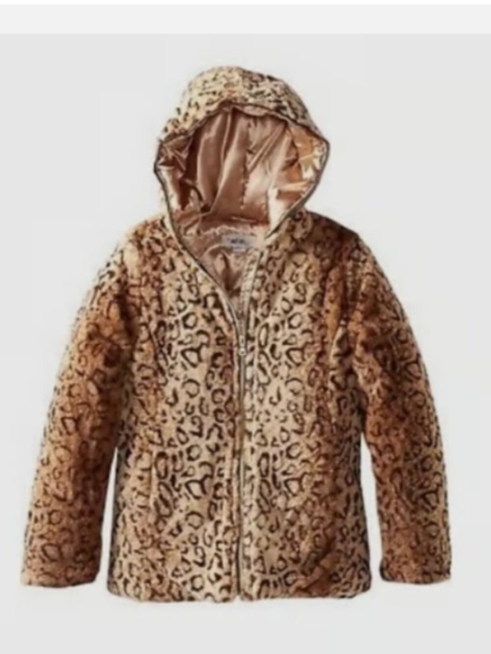 Amy Byer Girls' Textured Leopard Faux Fur Hooded Jacket, Sz L(6x)